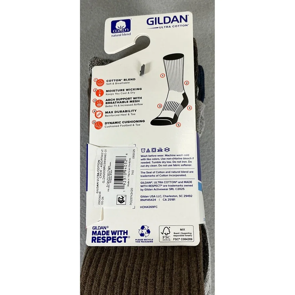 Gildan Ultra‎ Cotton Men's Cushion Crew Socks Size 6-12 Brown Gray Navy 3 Pair